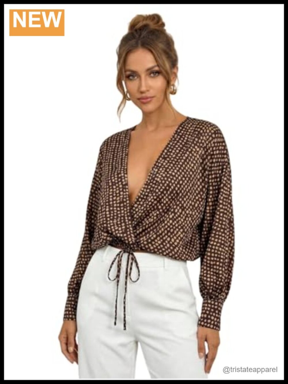 Women's Polka Dot Wrap Blouse V Neck Long Lantern Sleeve Tie Front